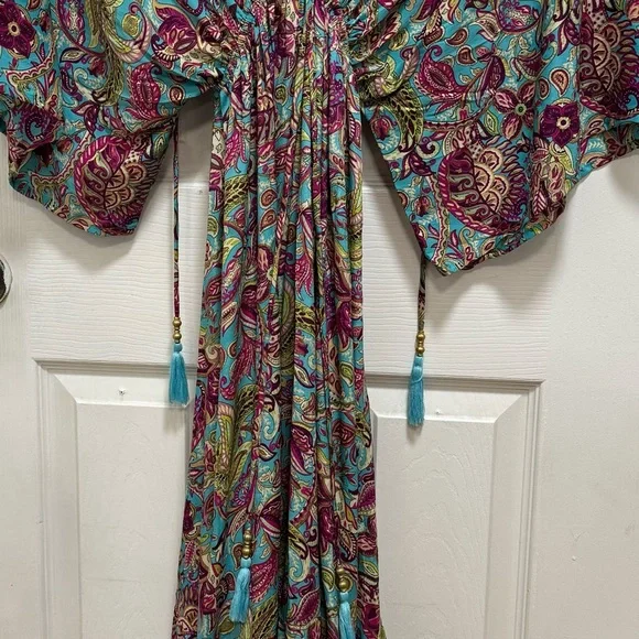 Boho Maxi Dress Long Floral Gown Deep V Front & Back with Tassel made in India - Picture 15 of 17